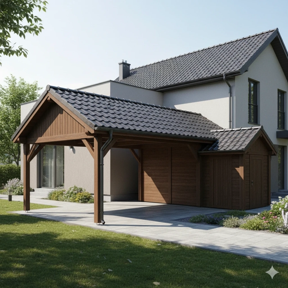 Nowoczesna drewniana wiata garażowa z aneksem narzędziowym przy elewacji domu