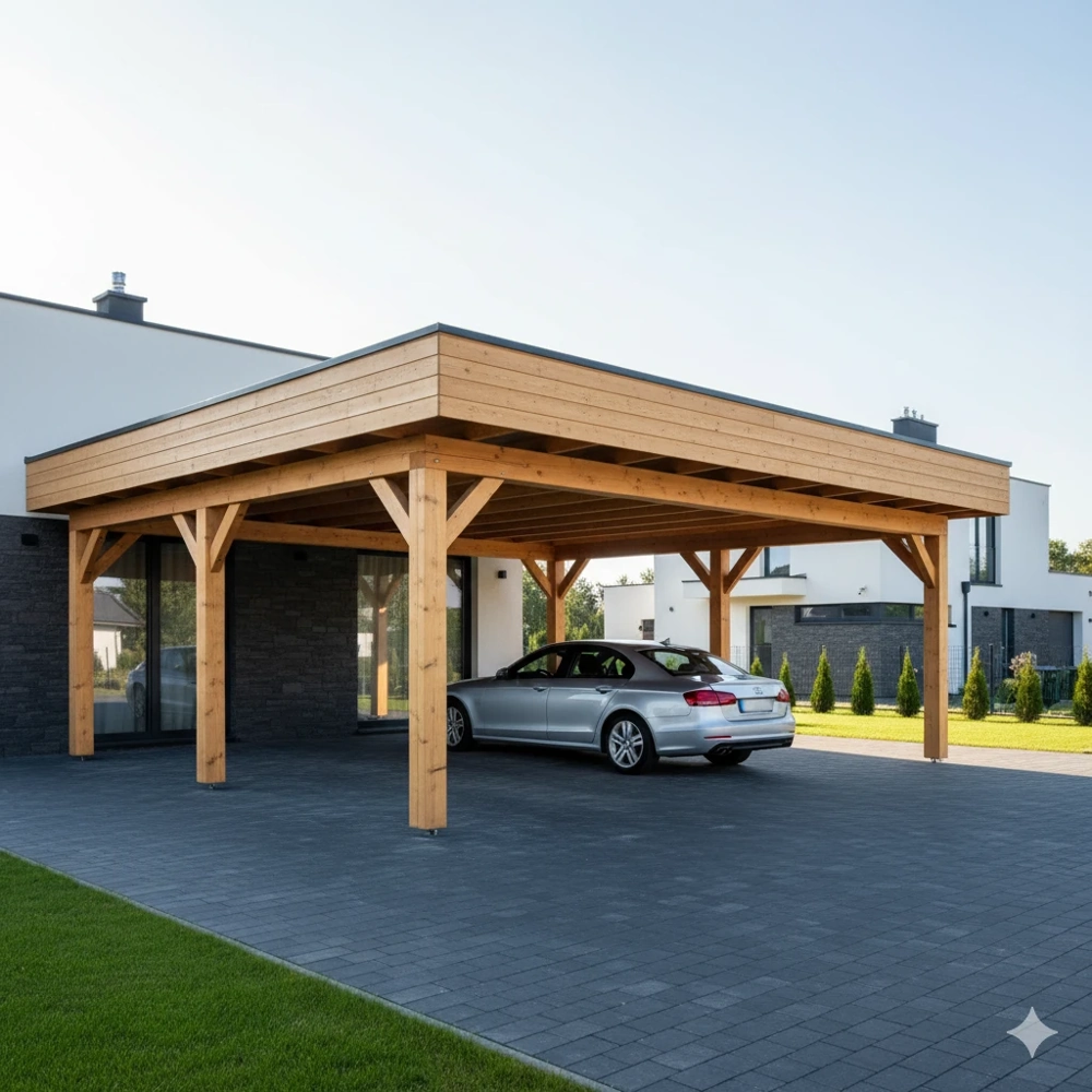 Wiaty garażowe z drewna przed nowoczesnym domem z zaparkowanym samochodem