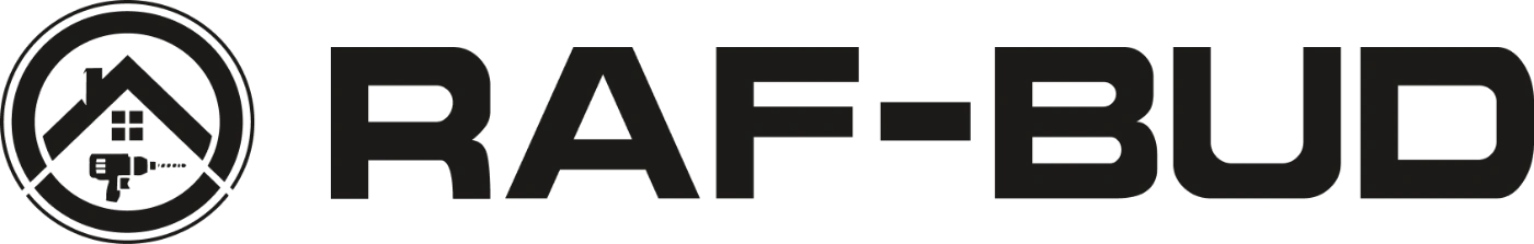 Czarny logotyp RAF-BUD z ikoną domu z dachem, oknem i wiertarką w okręgu